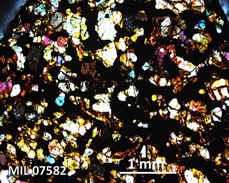 MIL 07582 Meteorite Thin Section Photo with 2.5x magnification in Cross-Polarized Light