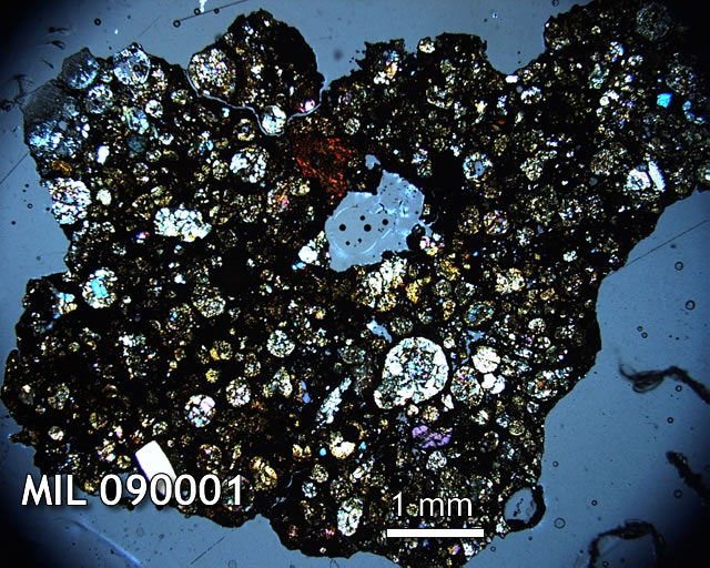 Thin Section Photo of Sample MIL 090001 in Cross-Polarized Light with 1.25x Magnification