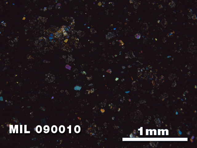 Thin Section Photo of Sample MIL 090010 in Cross-Polarized Light with 2.5X Magnification