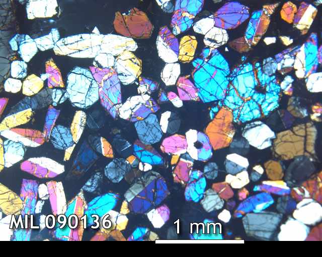 Thin Section Photo of Sample MIL 090136 in Cross-Polarized Light with 2.5x Magnification