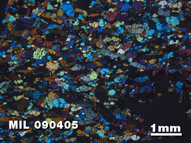 Thin Section Photo of Sample MIL 090405 in Cross-Polarized Light with 1.25X Magnification