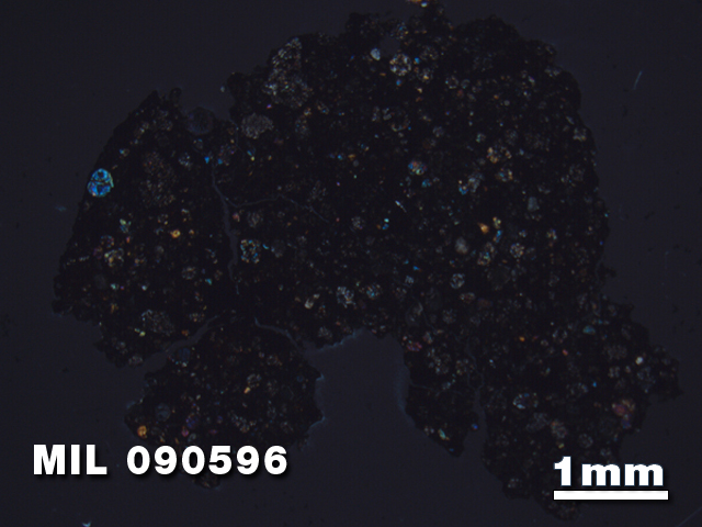 Thin Section Photo of Sample MIL 090596 in Cross-Polarized Light with 1.25X Magnification