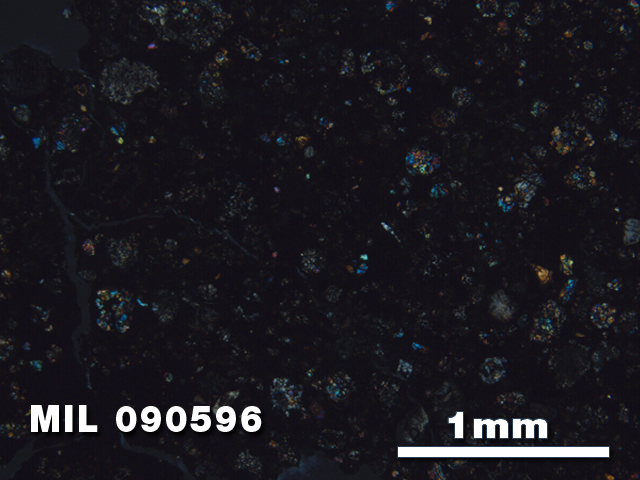 Thin Section Photo of Sample MIL 090596 in Cross-Polarized Light with 2.5X Magnification