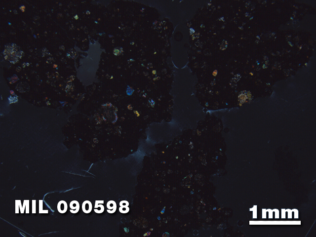 Thin Section Photo of Sample MIL 090598 in Cross-Polarized Light with 1.25X Magnification