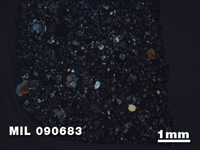 Thin Section Photo of Sample MIL 090683 in Cross-Polarized Light with 1.25X Magnification