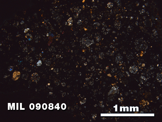 Thin Section Photo of Sample MIL 090840 in Cross-Polarized Light with 2.5X Magnification