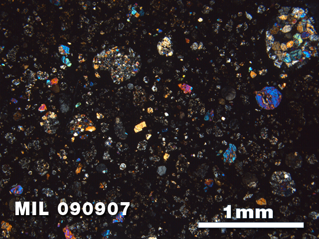 Thin Section Photo of Sample MIL 090907 in Cross-Polarized Light with 2.5X Magnification