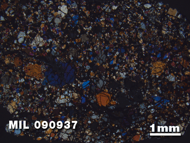 Thin Section Photo of Sample MIL 090937 in Cross-Polarized Light with 1.25X Magnification
