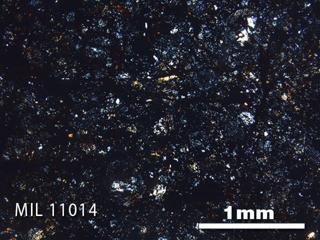 Thin Section Photo of Sample MIL 11014 in Cross-Polarized Light with 2.5x Magnification