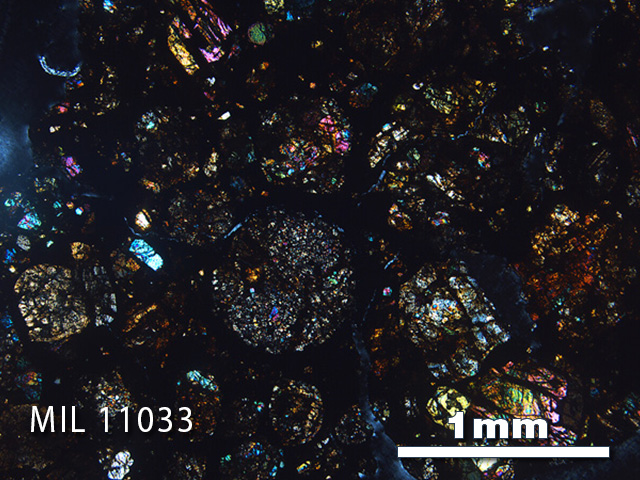 Thin Section Photo of Sample MIL 11033 in Cross-Polarized Light with 2.5x Magnification