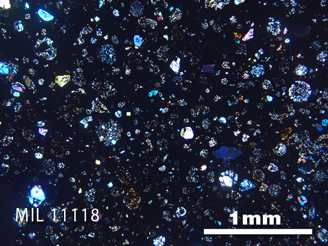 Thin Section Photo of Sample MIL 11118 in Cross-Polarized Light with 2.5x Magnification