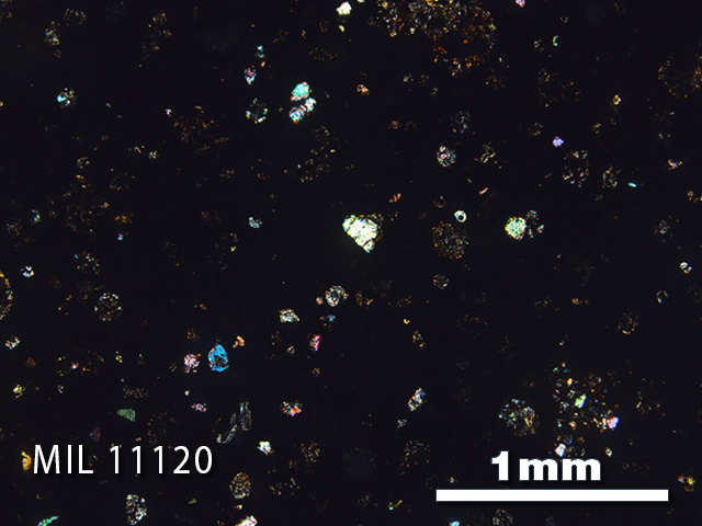Thin Section Photo of Sample MIL 11120 in Cross-Polarized Light with 2.5x Magnification