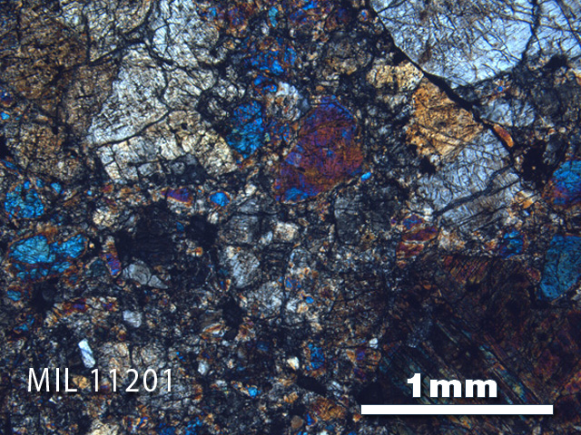 Thin Section Photo of Sample MIL 11201 in Cross-Polarized Light with 2.5X Magnification