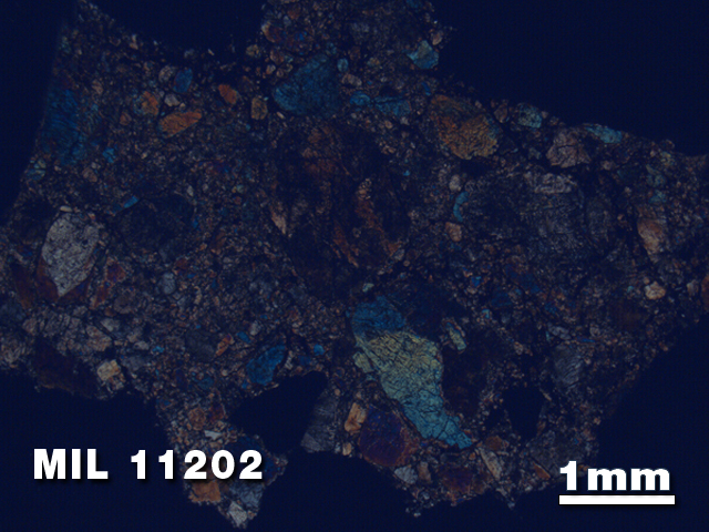Thin Section Photo of Sample MIL 11202 in Cross-Polarized Light with 1.25X Magnification