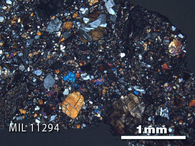 Thin Section Photo of Sample MIL 11294 in Cross-Polarized Light with 2.5X Magnification