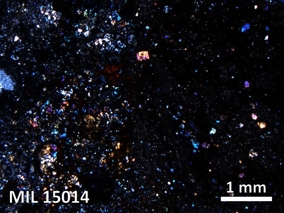 Thin Section Photo of Sample MIL 15014 in Cross-Polarized Light with 2.5X Magnification