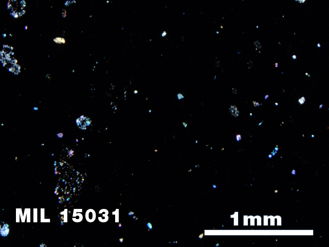 Thin Section Photo of Sample MIL 15031 in Cross-Polarized Light with 2.5X Magnification