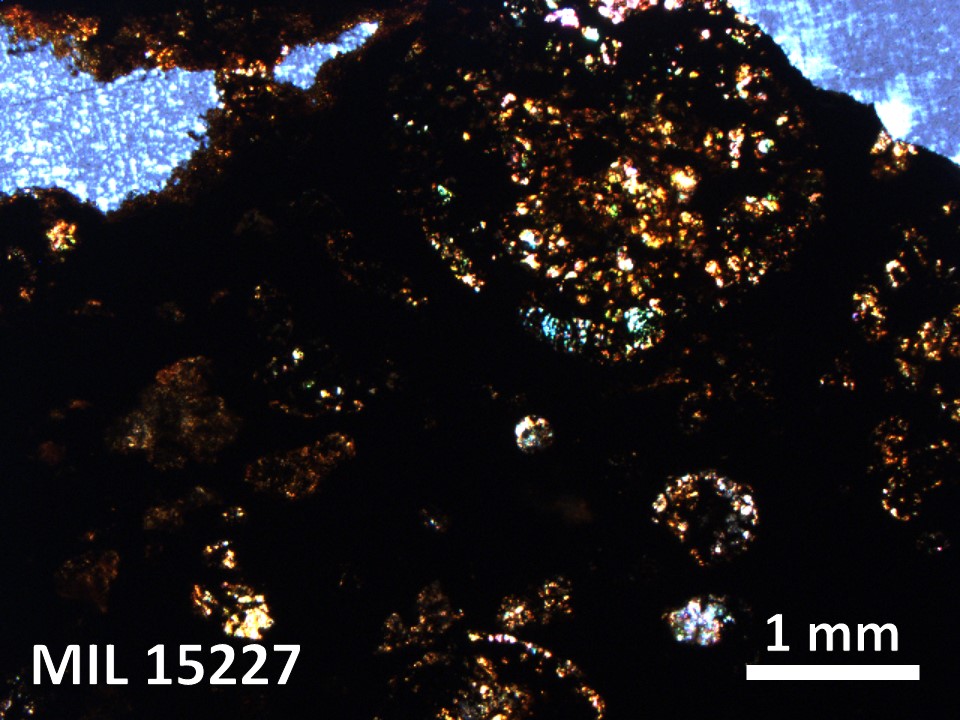 Thin Section Photo of Sample MIL 15227 in Cross-Polarized Light with 2.5X Magnification