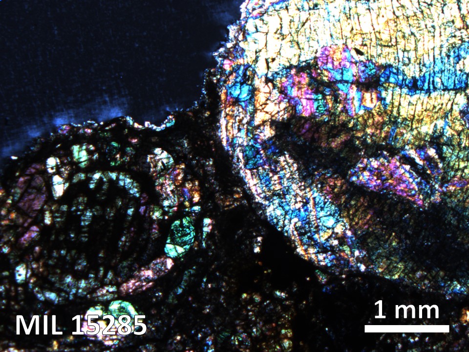 Thin Section Photo of Sample MIL 15285 in Cross-Polarized Light with 2.5X Magnification