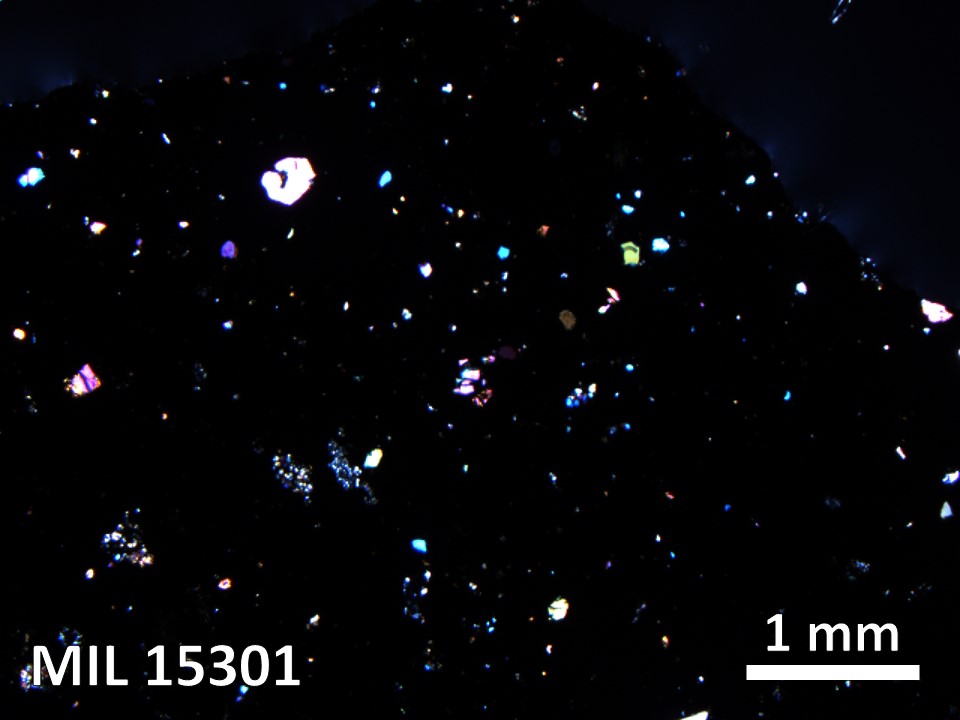 Thin Section Photo of Sample MIL 15301 in Cross-Polarized Light with 2.5X Magnification