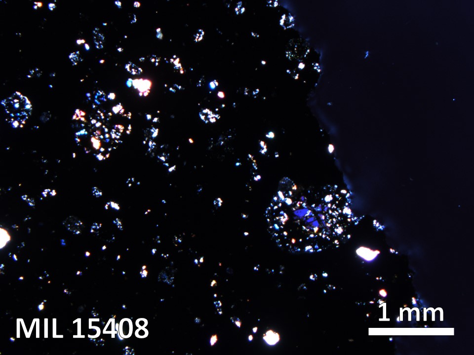 Thin Section Photo of Sample MIL 15408 in Cross-Polarized Light with 2.5X Magnification