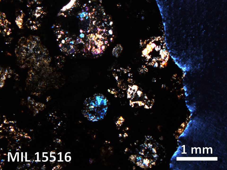 Thin Section Photo of Sample MIL 15516 in Cross-Polarized Light with 2.5X Magnification