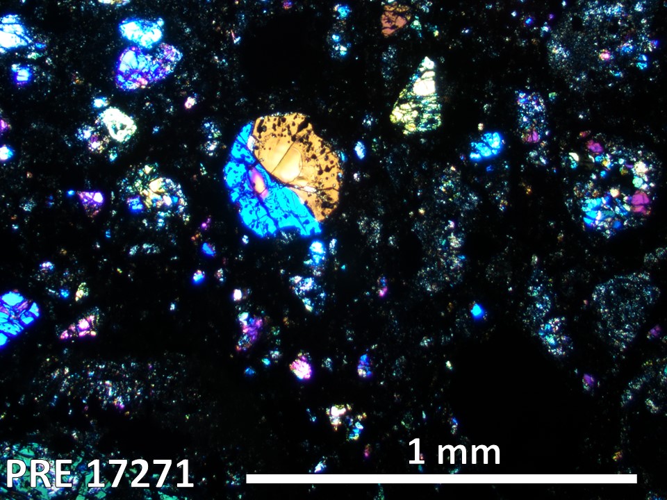 Thin Section Photo of Sample PRE 17271 in Cross-Polarized Light with 2.5X Magnification