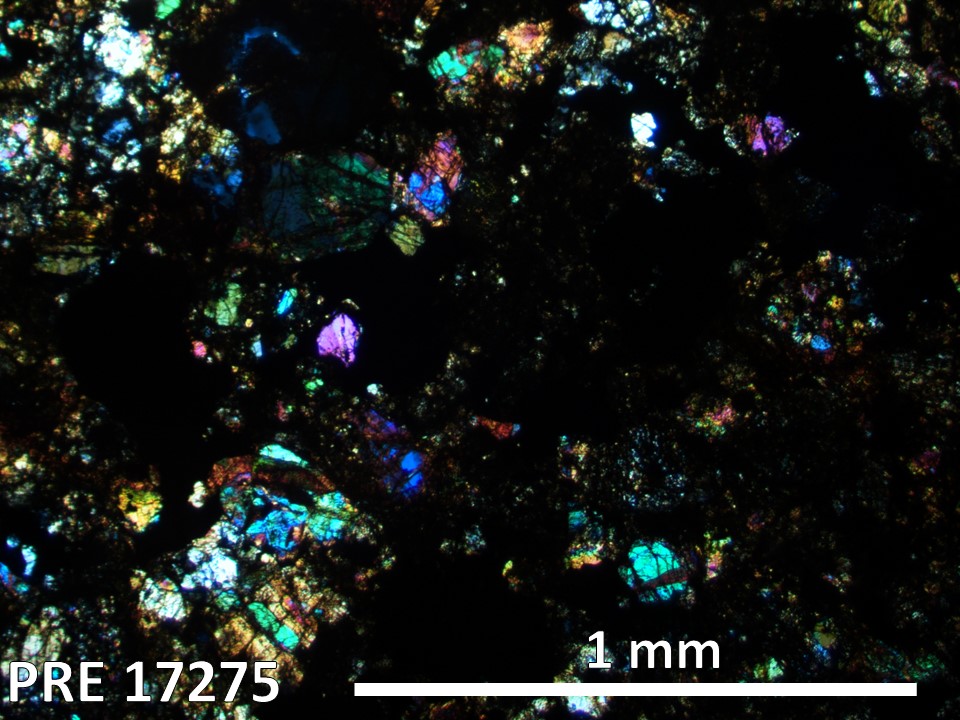 Thin Section Photo of Sample PRE 17275 in Cross-Polarized Light with 2.5X Magnification