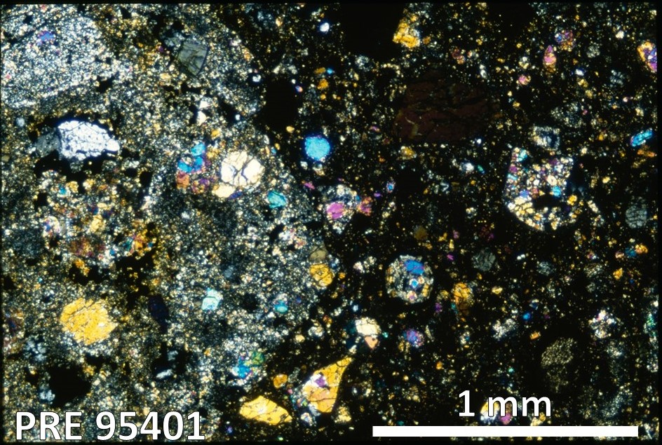 Thin Section Photo of Sample PRE 95401 in Cross-Polarized Light with 2.5X Magnification