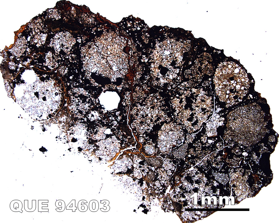 Thin Section Photo of Sample QUE 94603 in Plane-Polarized Light