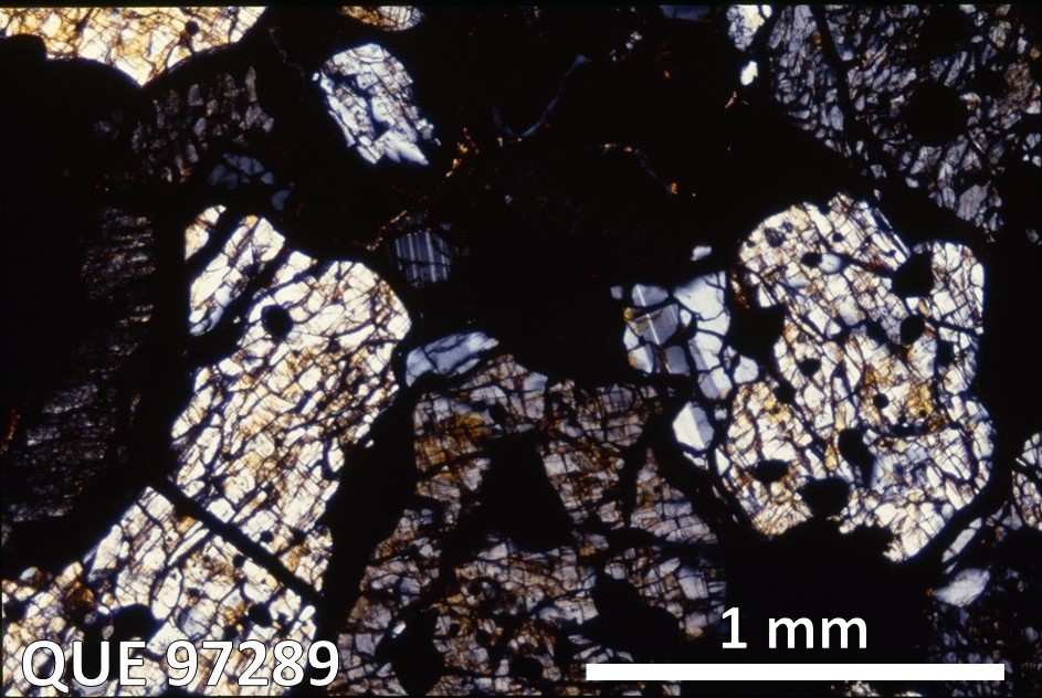 Thin Section Photo of Sample QUE 97289 in Cross-Polarized Light with 2.5X Magnification