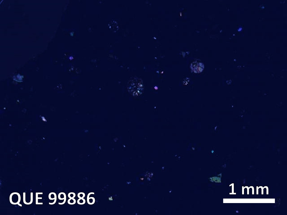 Thin Section Photo of Sample QUE 99886 in Cross-Polarized Light with  Magnification