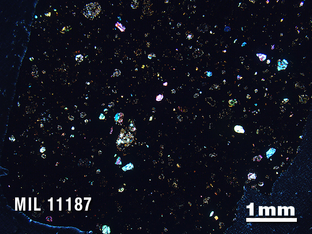 Thin Section Photo of Sample MIL 11187 in Cross-Polarized Light with 1.25X Magnification