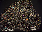 Thin Section Photo of Sample GRA 98028 in Cross-Polarized Light with 1.25X Magnification