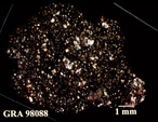 Thin Section Photo of Sample GRA 98088 in Cross-Polarized Light with 1.25X Magnification