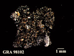 Thin Section Photo of Sample GRA 98102 in Cross-Polarized Light with 1.25X Magnification