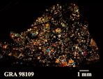 Thin Section Photo of Sample GRA 98109 in Cross-Polarized Light with 1.25X Magnification