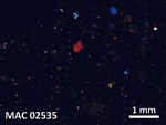 Thin Section Photo of Sample MAC 02535 in Cross-Polarized Light with 5X Magnification