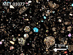 Thin section photo of MET 01077 ,5 in cross polarized light at 2.5x magnification.