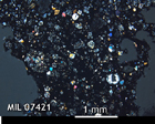 Thin Section Photo of Sample MIL 07421 in Cross-Polarized Light with 2.5x Magnification