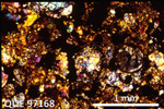 Thin Section Photo of Sample QUE 97168 in Cross-Polarized Light with 2.5X Magnification