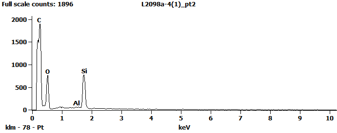 EDS Spectra for sample L2098-A-4  taken at test area 2. The test area is labeled in the particle SEM photo.