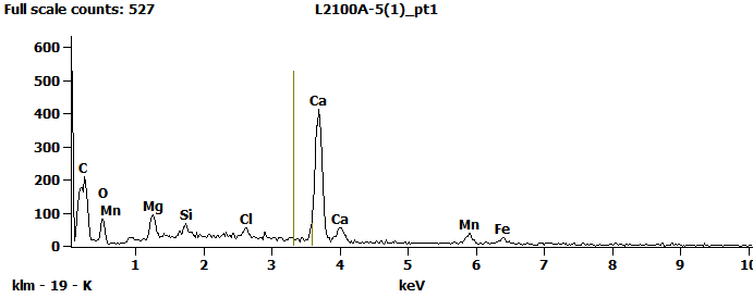 EDS Spectra for sample L2100-A-5  taken at test area 1. The test area is labeled in the particle SEM photo.