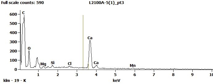 EDS Spectra for sample L2100-A-5  taken at test area 3. The test area is labeled in the particle SEM photo.