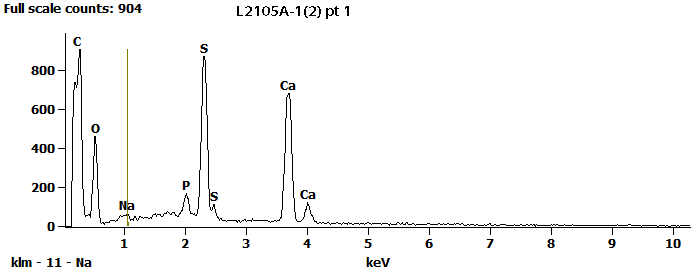 EDS Spectra for sample L2105-A-1  taken at test area 1. The test area is labeled in the particle SEM photo.