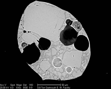 The polished face of a micrometeorite from the South Pole Water Well (SPWW) micrometeorite collection showing silicate grains and vesicles (the black spheroids). This micrometeorite is rounded from passage through the Earth's atmosphere and is approximately 180 micrometers across.