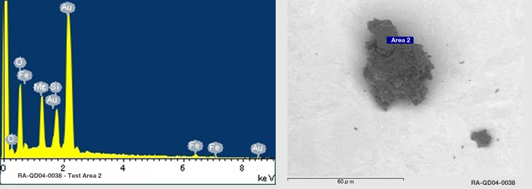 EDS Spectra for Sample RB-QD04-0038 taken at test area 2. The test area is labeled in grain photo.