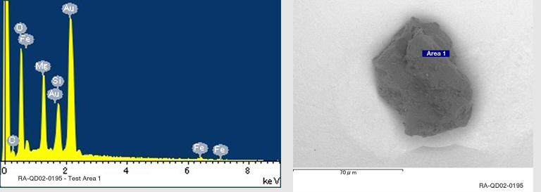 EDS Spectra for Sample RA-QD02-0195 taken at test area 1. The test area is labeled in grain photo.