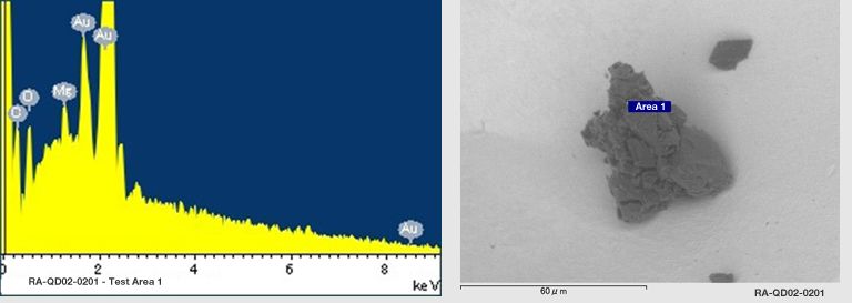 Spectra for Sample RA-QD02-0201 taken at test area 1. The test area is labeled in grain photo.