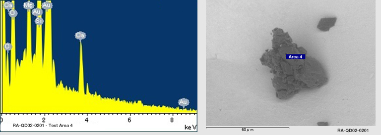Spectra for Sample RA-QD02-0201 taken at test area 4. The test area is labeled in grain photo.